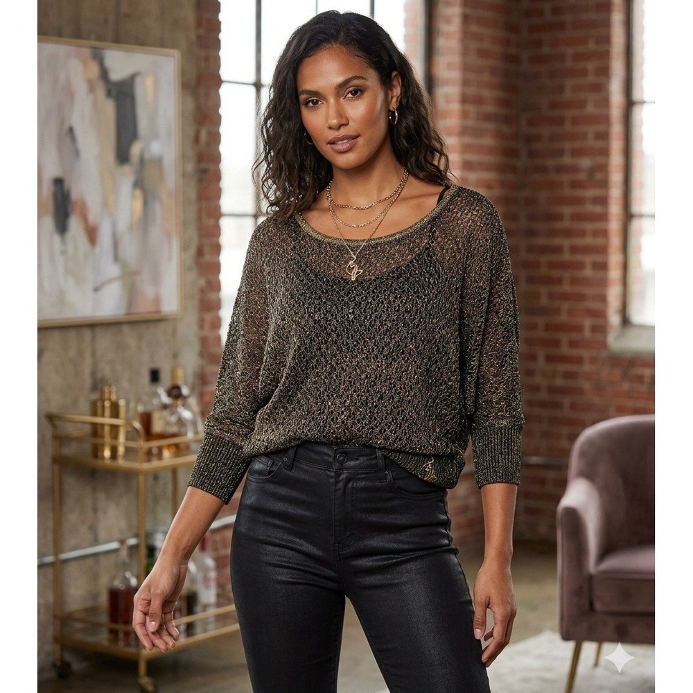 Baby‎ Phat Y2K Vintage Black Gold Lurex Shimmer Loose Knit Dolman Sleeve Sweater